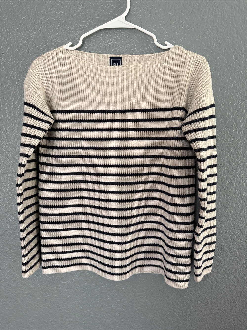 GAP Women's Cream and Navy Striped Boatneck Sweater Merino Wool Blend